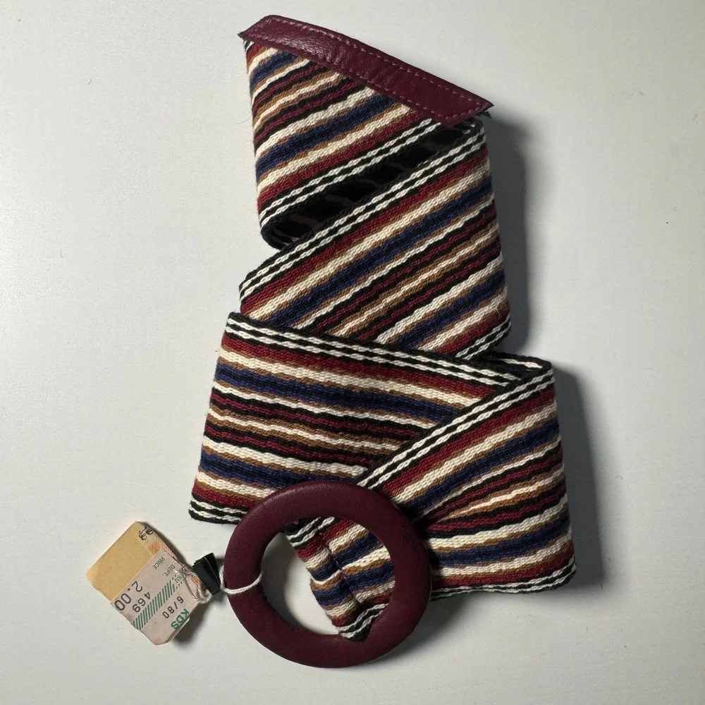 Vtg Woven Striped Belt Burgundy Leather Round Buckle Wide Dopamine chic elegant